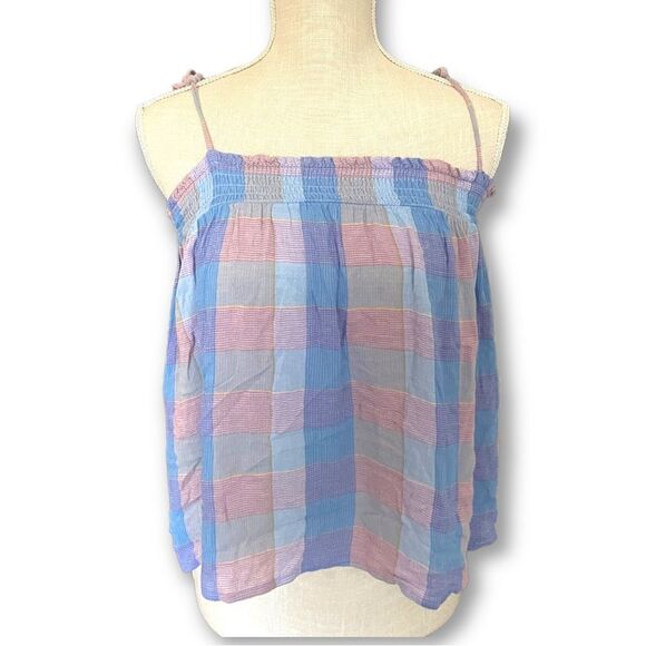 Loft | EUC Women’s Loft XS Pink Blue Plaid Smocked Tie Shoulder Cami Tank Top - Picture 2 of 7
